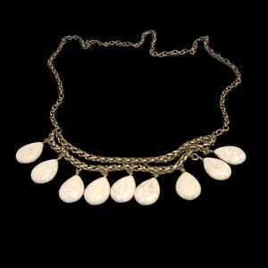 Premier Designs “Carmel” Teardrop Statement Necklace – White Stone & Gold Chain